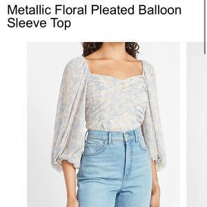 Express Metallic Floral Pleated Balloon Sleeve Top